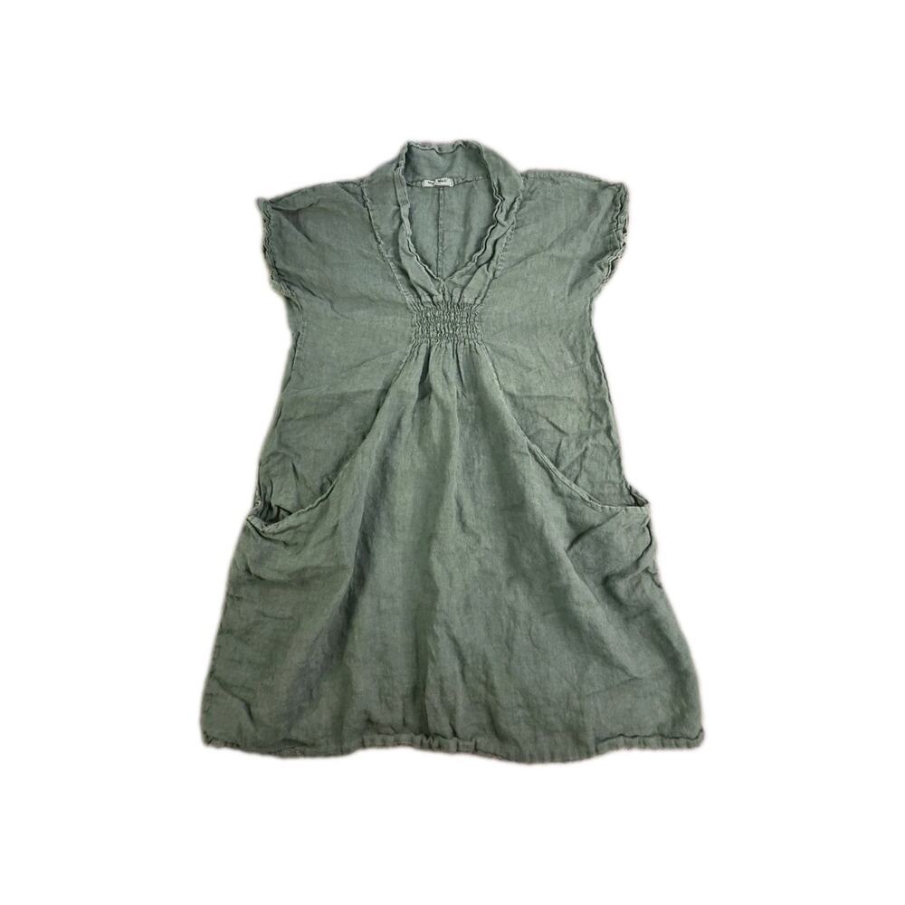 Meo Meli Linen Dress Womens One Size Green Shift Midi Pockets Cap Sleeve Italy